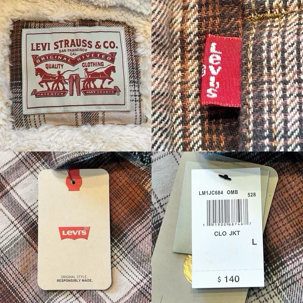 Levi's® Sherpa Lined Brown Ombre Plaid Shirt Jacket Jersey Hoodie Men’s L NEW - Picture 13 of 16